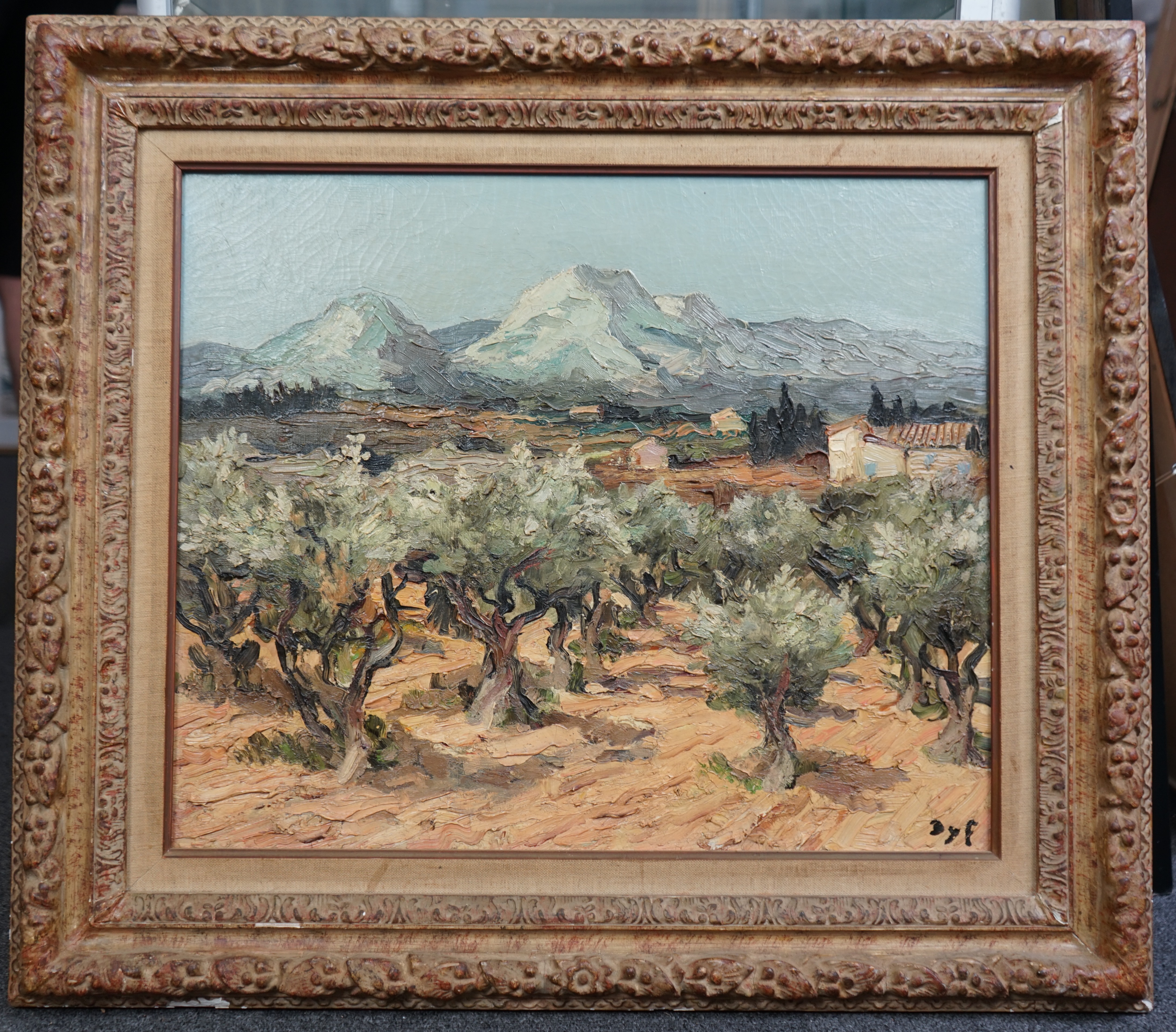 Marcel Dyf (French, 1899-1985), Olive grove with mountains beyond, oil on canvas, 45 x 54cm